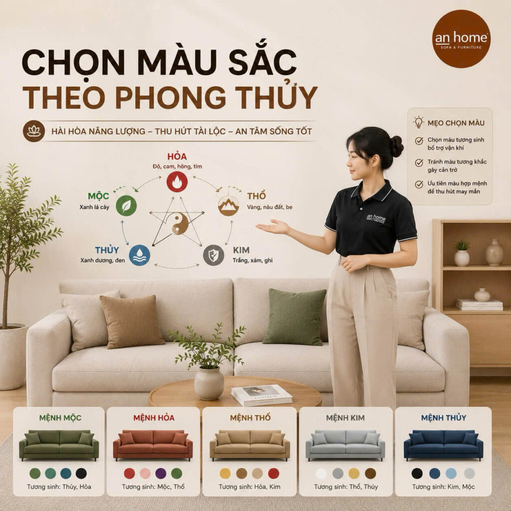 KINH NGHIỆM CHỌN MUA SOFA PHÒNG KHÁCH: CHECKLIST 5 BƯỚC HOÀN HẢO TỪ AN HOME 6 chon mau theo phong thuy